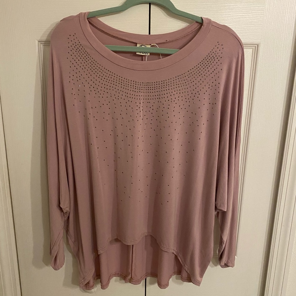 Pale Pink Sequin Batwing High Low Top Ladies L/XL